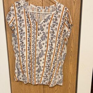 Sonoma Women's Floral and Striped Blouse - Orange and Blue on White